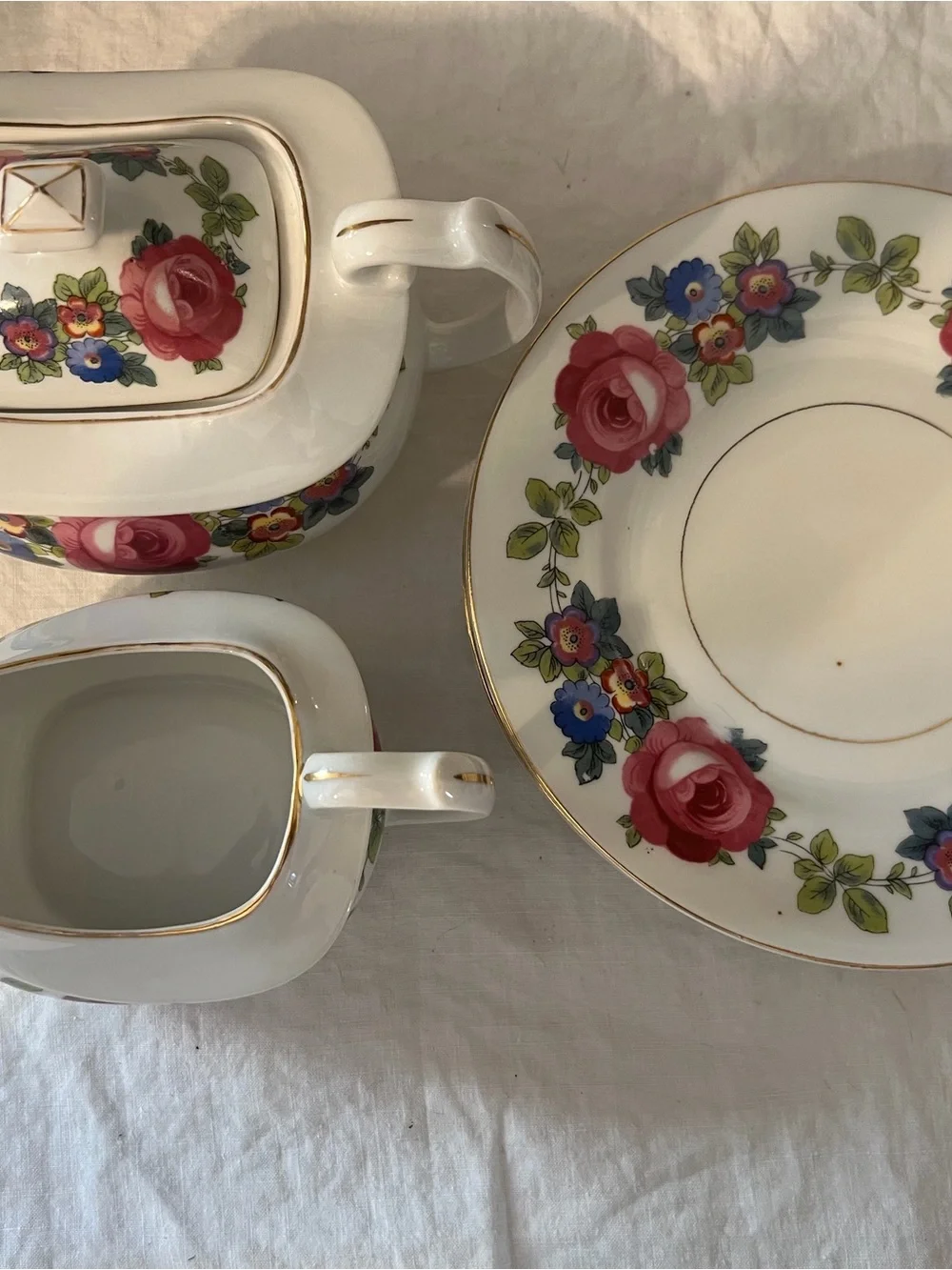 Antique phoenix china creamer, lidded sugar bowl, & 4 plates set, cottage rose